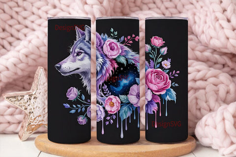 Mystical Wolf Floral Tumbler Wrap Sublimation DesignSVG 