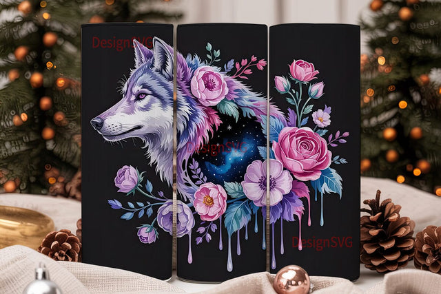 Mystical Wolf Floral Tumbler Wrap Sublimation DesignSVG 