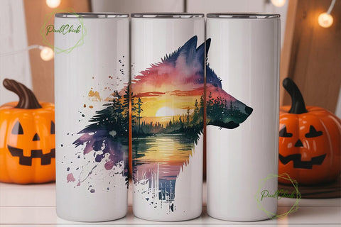 Mystical Wolf Sunset 20oz Tumbler Design Sublimation PixelChick 