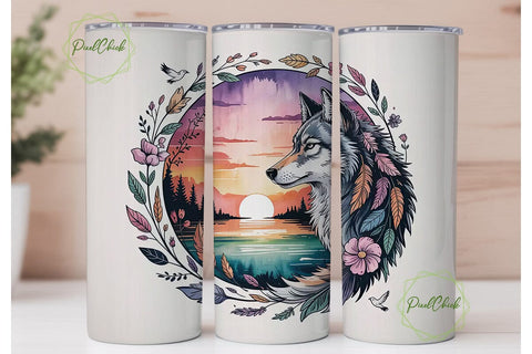 Mystical Wolf Sunset 20oz Tumbler Wrap Sublimation PixelChick 