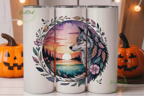 Mystical Wolf Sunset 20oz Tumbler Wrap Sublimation PixelChick 