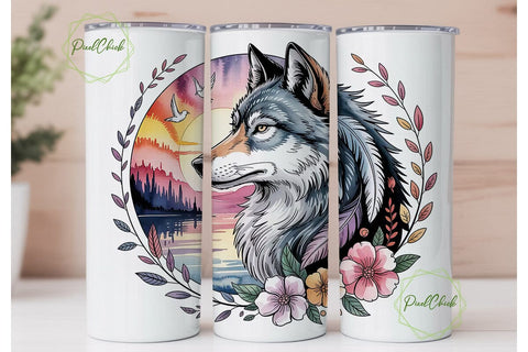 Mystical Wolf Sunset 20oz Tumbler Wrap Sublimation PixelChick 