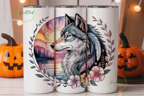 Mystical Wolf Sunset 20oz Tumbler Wrap Sublimation PixelChick 