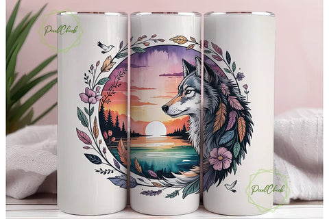 Mystical Wolf Sunset 20oz Tumbler Wrap Sublimation PixelChick 