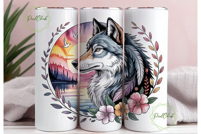 Mystical Wolf Sunset 20oz Tumbler Wrap Sublimation PixelChick 