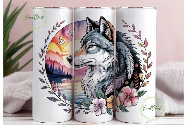 Mystical Wolf Sunset 20oz Tumbler Wrap Sublimation PixelChick 