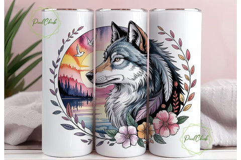 Mystical Wolf Sunset 20oz Tumbler Wrap Sublimation PixelChick 