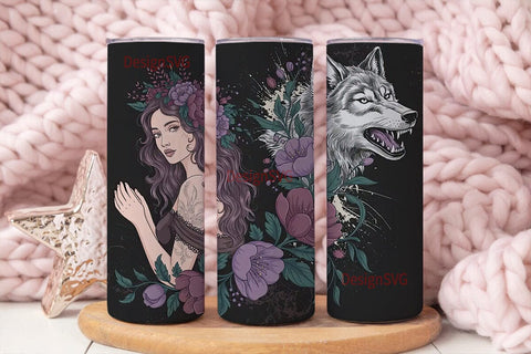 Mystical Wolf & Woman 20oz Tumbler Wrap Sublimation DesignSVG 