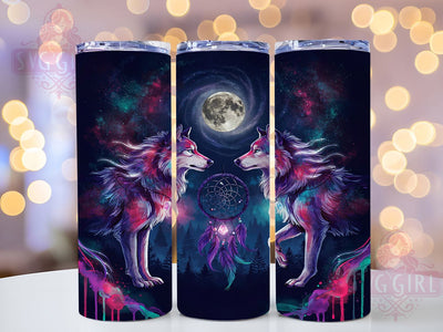 Mystical Wolves Galaxy Dream 20oz Tumbler, Galaxy Fur, Dreamcatcher Design, Fantasy Illustration, Purple Magenta Teal, Skinny Tumbler, Sublimation PNG Sublimation SvggirlplusArt 
