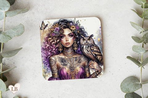 Mystical Woman Coaster, Enchanted Owl Square Design Sublimation BijouBay 