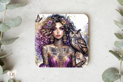 Mystical Woman Coaster, Enchanted Owl Square Design Sublimation BijouBay 