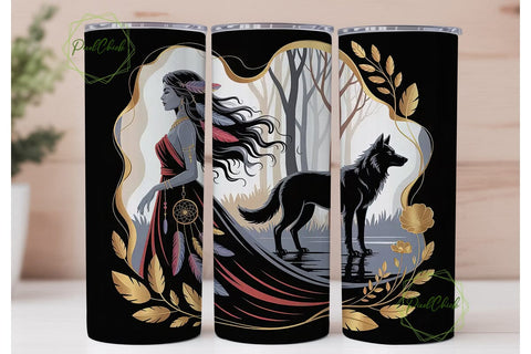 Mystical Woman & Wolf 20oz Tumbler Wrap Sublimation PixelChick 