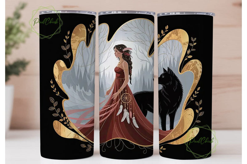 Mystical Woman & Wolf 20oz Tumbler Wrap Sublimation PixelChick 