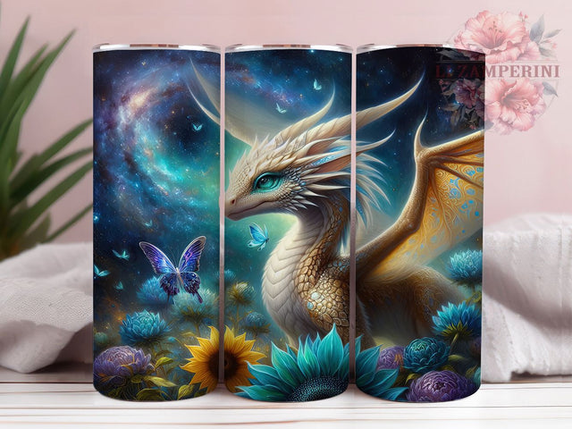Mythical Sunflower Fantasy Dragon 20oz Tumbler, Sunflower Cup Wrap, Mythical Dragon Design, Sublimation Tumbler Wrap, 20Oz Tumbler Design, Artistic Sunflower Cup, Stylish Fantasy Dragon Wrap Sublimation Li Zamperini 
