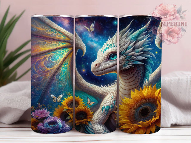 Mythical Sunflower Fantasy Dragon 20oz Tumbler, Sunflower Cup Wrap, Mythical Dragon Design, Sublimation Tumbler Wrap, 20Oz Tumbler Design, Artistic Sunflower Cup, Stylish Fantasy Dragon Wrap Sublimation Li Zamperini 