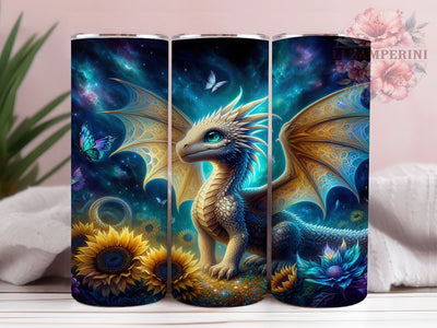 Mythical Sunflower Fantasy Dragon 20oz Tumbler, Sunflower Cup Wrap, Mythical Dragon Design, Sublimation Tumbler Wrap, 20Oz Tumbler Design, Artistic Sunflower Cup, Stylish Fantasy Dragon Wrap Sublimation Li Zamperini 