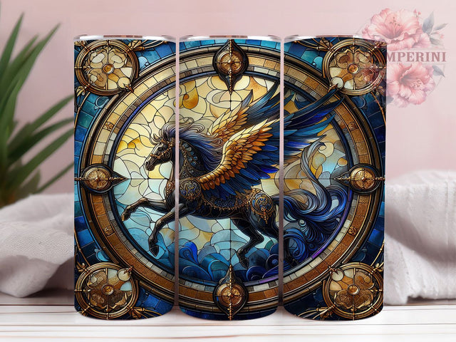 Mythical Winged Horse Mosaic Tumbler Wrap, Stained Glass Art, Fantasy Creature Cup, Winged Horse Pattern, Mosaic Style Tumbler, Magical Beast Design, Fantasy Lover Gift Sublimation Li Zamperini 
