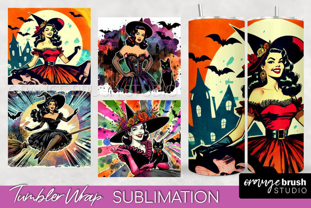 n Up Witch Tumbler Witch Tumbler Wraps - Retro Halloween Tumbler Sublimation Sublimation OrangeBrushStudio 