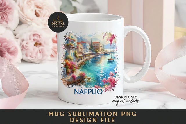 Nafplio Mug Sublimation PNG Coastal Town Full Wrap Sublimation BijouBay 
