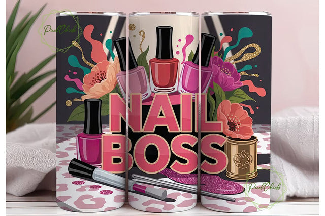 Nail Boss Pink Glitter 20oz Tumbler Wrap Sublimation PixelChick 