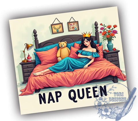 Nap Queen Tumbler Wrap, Cute Sleeping Girl Design, 20oz Sublimation Wrap, Digital Download Tumbler, Sleepy Girl Art, Relaxation Drinkware, Funny Nap Gift, Whimsical Tumbler Design Sublimation ToriDesigns 