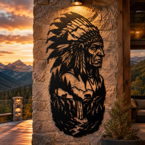 Native American Chief Laser SVG DXF, Indigenous Warrior Headdress Plasma Cut File, Mountain Forest CNC Laser Cut Decor, Western Wall Art SVG HappyDesignStudio 