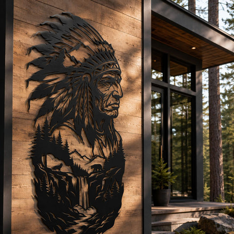 Native American Chief Laser SVG DXF, Indigenous Warrior Headdress Plasma Cut File, Mountain Forest CNC Laser Cut Decor, Western Wall Art SVG HappyDesignStudio 