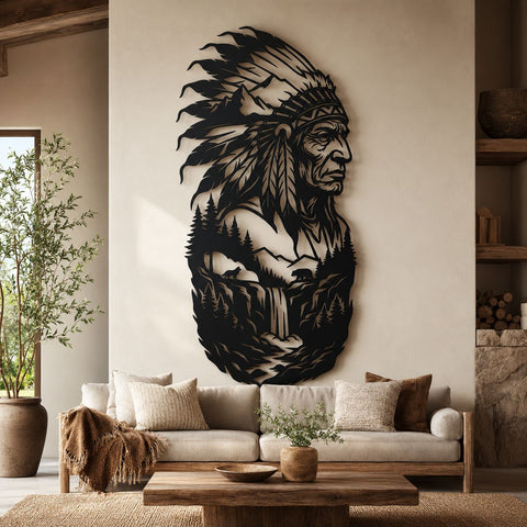 Native American Chief Laser SVG DXF, Indigenous Warrior Headdress Plasma Cut File, Mountain Forest CNC Laser Cut Decor, Western Wall Art SVG HappyDesignStudio 