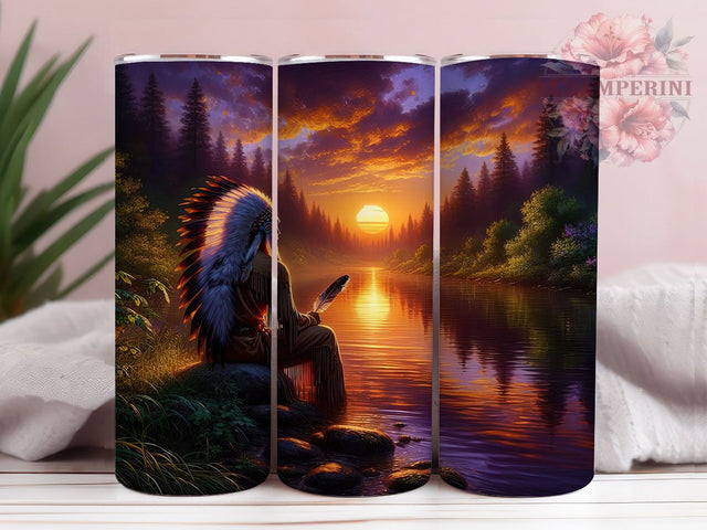 Native Sunset River Tumbler Wrap, Meditating Native Tumbler, Tribal Camping Sublimation, Indigenous Sunset Cup, Spiritual River Drinkware, Native Heritage Mug, Cultural Camping Digital Sublimation Li Zamperini 
