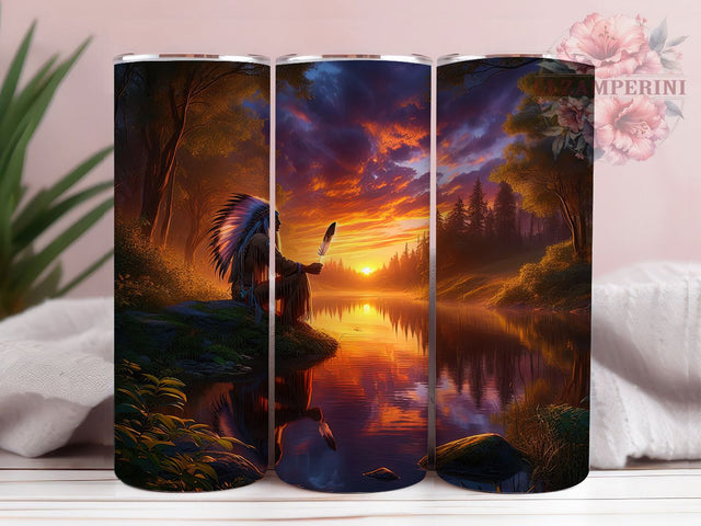 Native Sunset River Tumbler Wrap, Meditating Native Tumbler, Tribal Camping Sublimation, Indigenous Sunset Cup, Spiritual River Drinkware, Native Heritage Mug, Cultural Camping Digital Sublimation Li Zamperini 