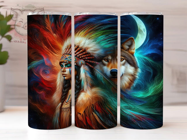 Native Tribal Wolf Woman Tumbler Wrap, Tribal Wolf Tumbler, Indigenous Woman Sublimation, Wolf Spirit Cup, Native Heritage Drinkware, Cultural Wolf Mug, Ethnic Wolf Digital Sublimation Lara' s Designs 