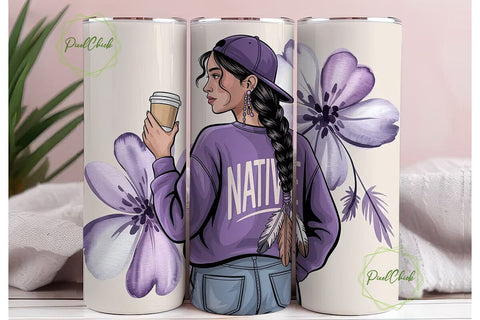 Native Woman with Coffee Tumbler Wrap Sublimation PixelChick 