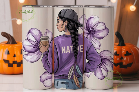 Native Woman with Coffee Tumbler Wrap Sublimation PixelChick 