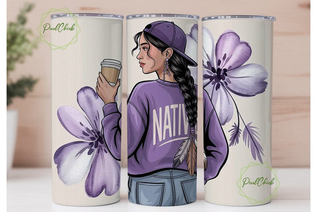 Native Woman with Coffee Tumbler Wrap Sublimation PixelChick 