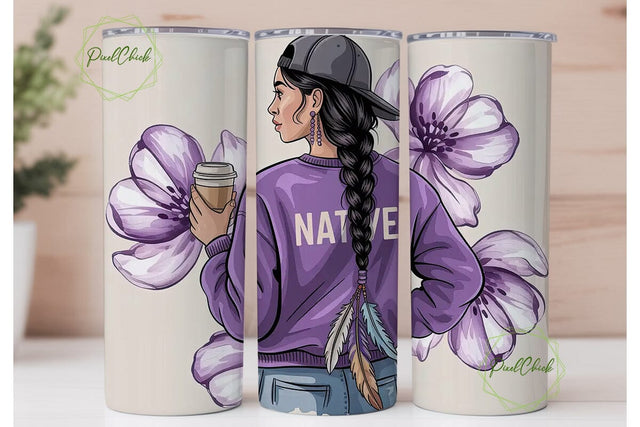 Native Woman with Coffee Tumbler Wrap Sublimation PixelChick 