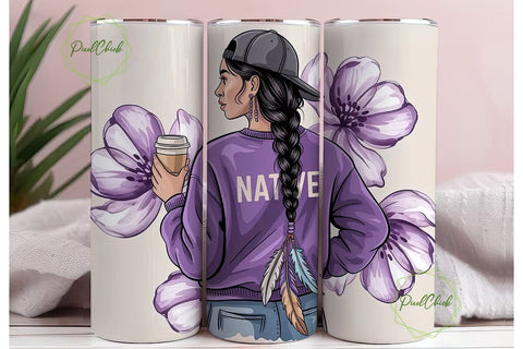 Native Woman with Coffee Tumbler Wrap Sublimation PixelChick 
