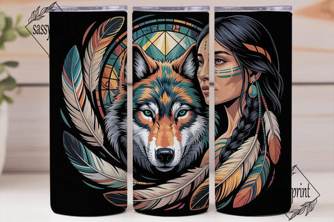 Native Woman & Wolf 20oz Tumbler Wrap Sublimation sassyprint 