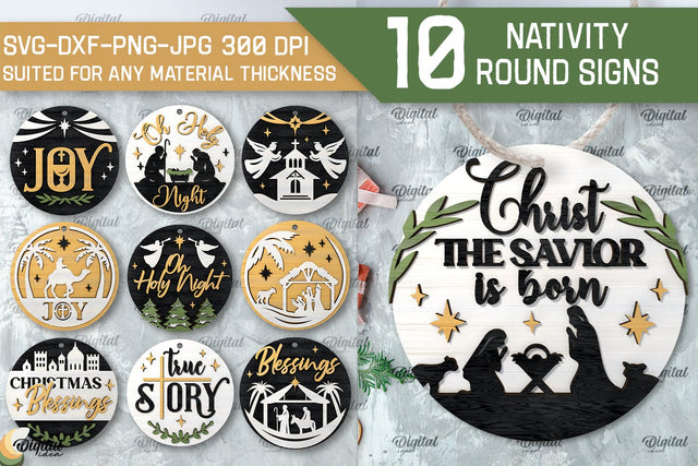 Nativity Round Signs Laser Cut Bundle. Nativity Scene Signs SVG Evgenyia Guschina 