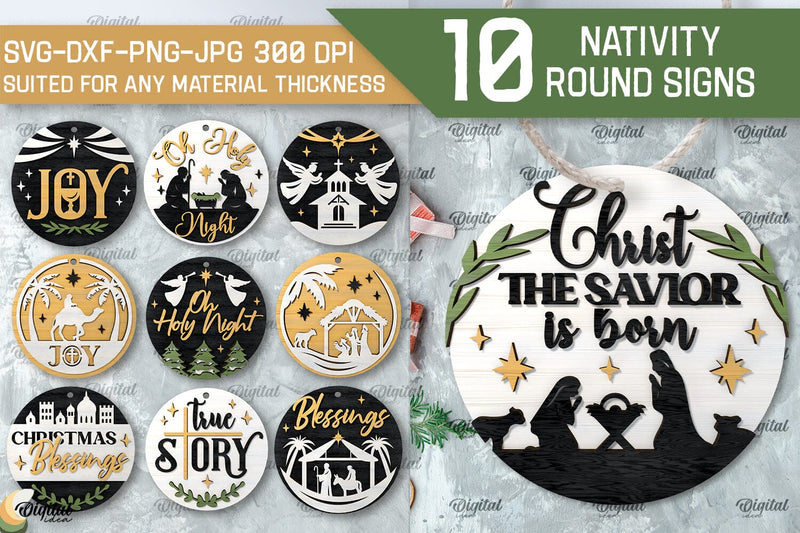 Nativity Round Signs Laser Cut Bundle. Nativity Scene Signs SVG Evgenyia Guschina 