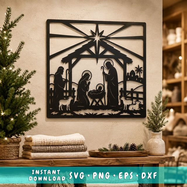 Nativity Scene Laser SVG | Christmas Manger DXF | Holy Family Bethlehem Metal Art | Christian Christmas CNC File | Religious Wall Decor SVG HappyDesignStudio 