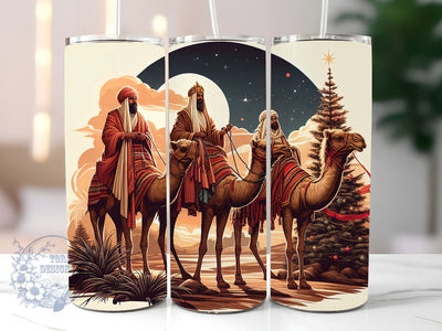 Nativity Scene With Three Wise Men Riding Camels 20oz Skinny Sublimation Tumbler Design, three wise men thermos, camels thermos, nativity beverage tumbler Sublimation ToriDesigns 