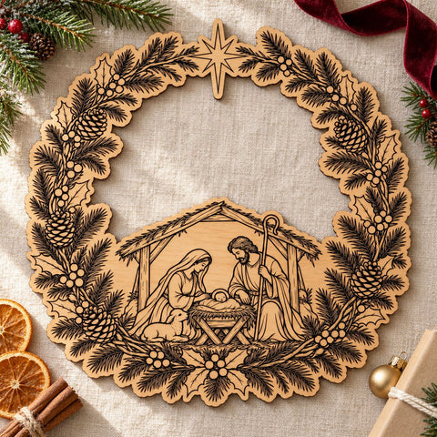 Nativity Scene Wreath Laser SVG | Christmas Door Hanger Cut File | Holy Family Manger DXF | Engraved Wood Door Sign Glowforge xTool SVG HappyDesignStudio 