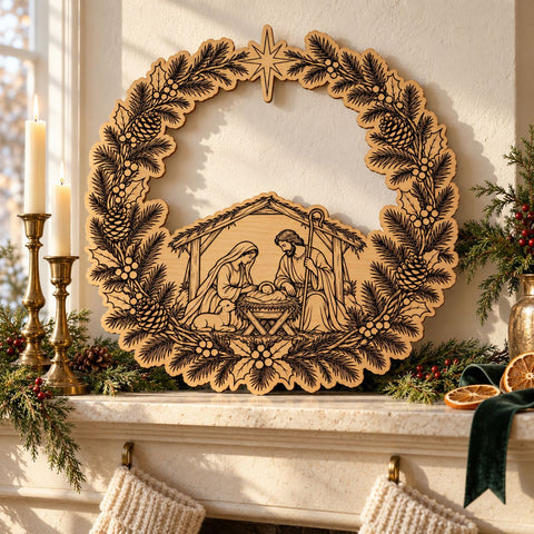 Nativity Scene Wreath Laser SVG | Christmas Door Hanger Cut File | Holy Family Manger DXF | Engraved Wood Door Sign Glowforge xTool SVG HappyDesignStudio 