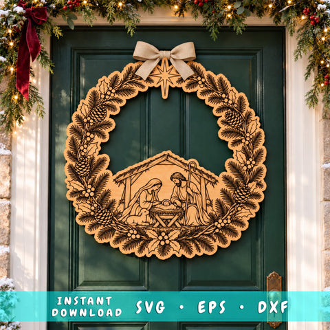 Nativity Scene Wreath Laser SVG | Christmas Door Hanger Cut File | Holy Family Manger DXF | Engraved Wood Door Sign Glowforge xTool SVG HappyDesignStudio 