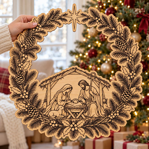 Nativity Scene Wreath Laser SVG | Christmas Door Hanger Cut File | Holy Family Manger DXF | Engraved Wood Door Sign Glowforge xTool SVG HappyDesignStudio 