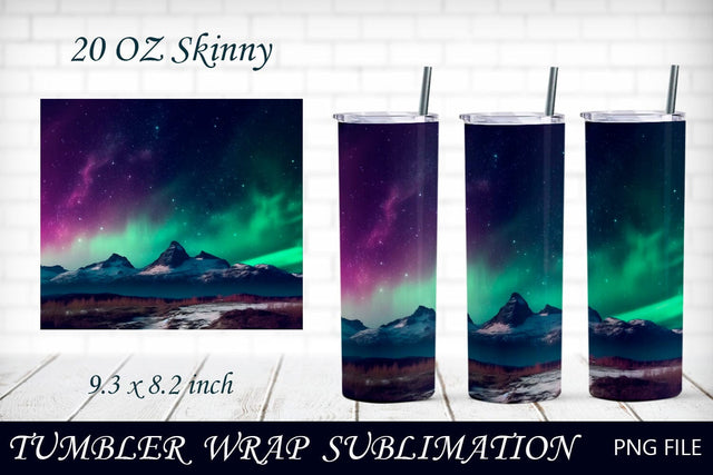 Nature tumbler wrap with mountain and northern lights, 20 oz skinny Sublimation AnastasiyaArtDesign 