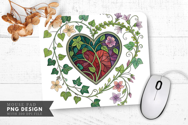 Nature's Embrace Stained Glass Heart with Ivy and Flowers Mouse Pad PNG Design Sublimation Regulrcrative 