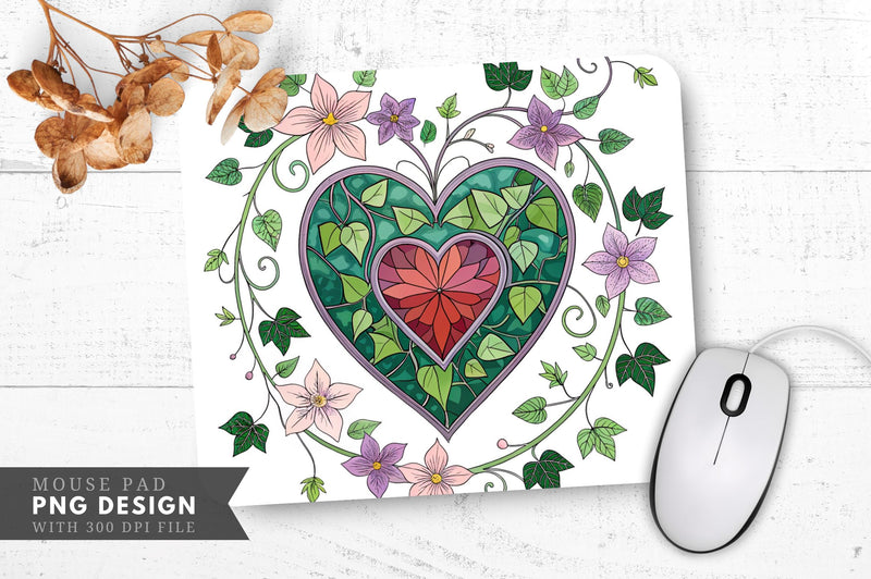 Nature's Embrace Stained Glass Heart with Ivy and Flowers Mouse Pad PNG Design Sublimation Regulrcrative 