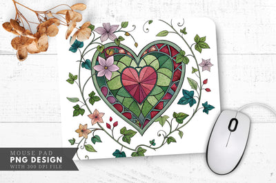 Nature's Embrace Stained Glass Heart with Ivy and Flowers Mouse Pad PNG Design Sublimation Regulrcrative 