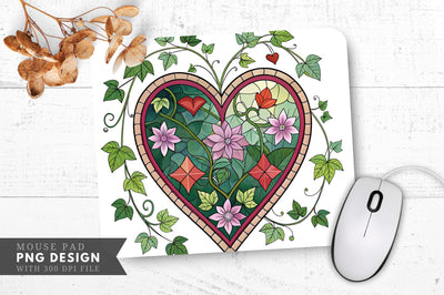 Nature's Embrace Stained Glass Heart with Ivy and Flowers Mouse Pad PNG Design Sublimation Regulrcrative 